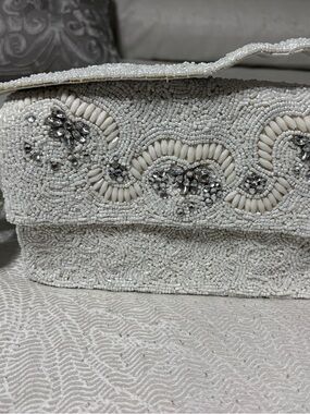 LULU Beaded White  Clutch with Crystal Accents
